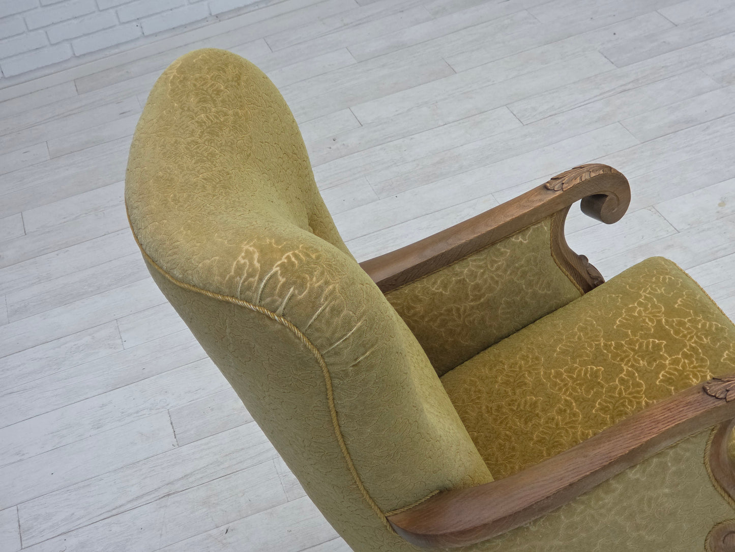 1960s, Danish highback armchair, furniture cotton/wool fabric, solid oak wood.