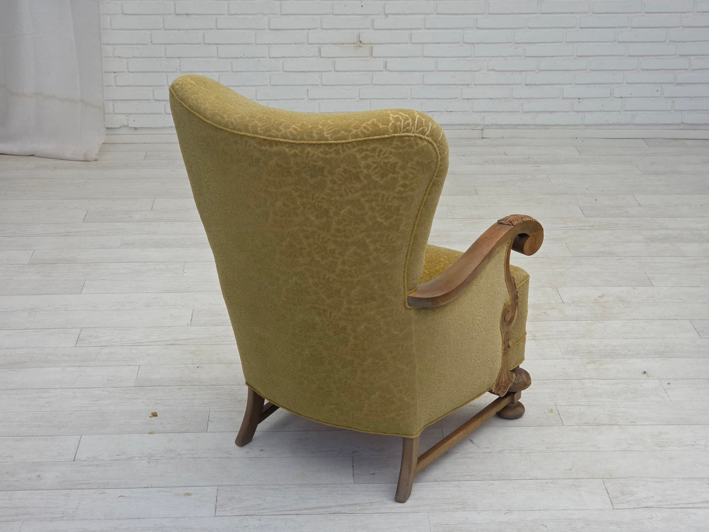 1960s, Danish highback armchair, furniture cotton/wool fabric, solid oak wood.
