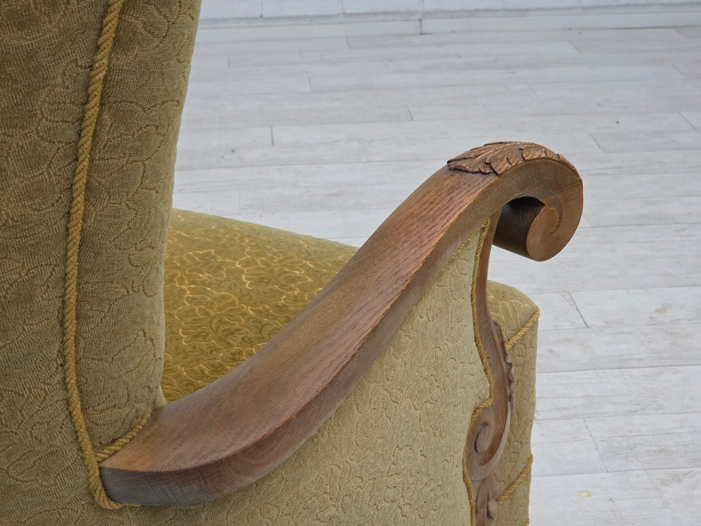 1960s, Danish highback armchair, furniture cotton/wool fabric, solid oak wood.