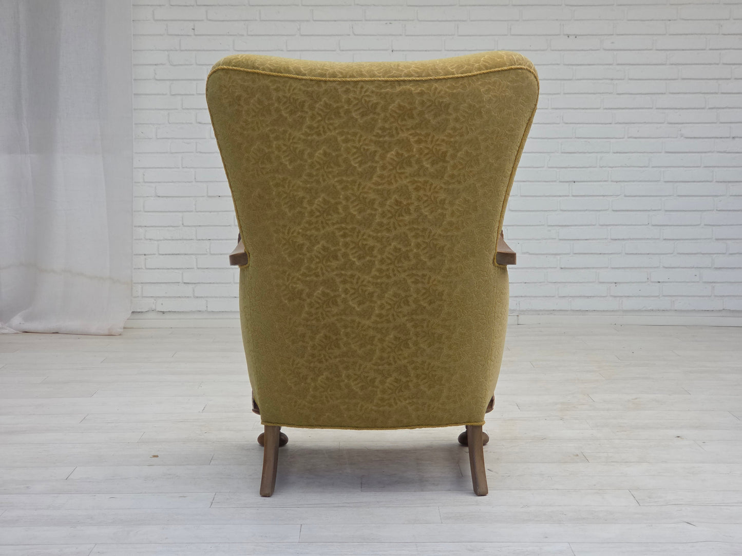 1960s, Danish highback armchair, furniture cotton/wool fabric, solid oak wood.