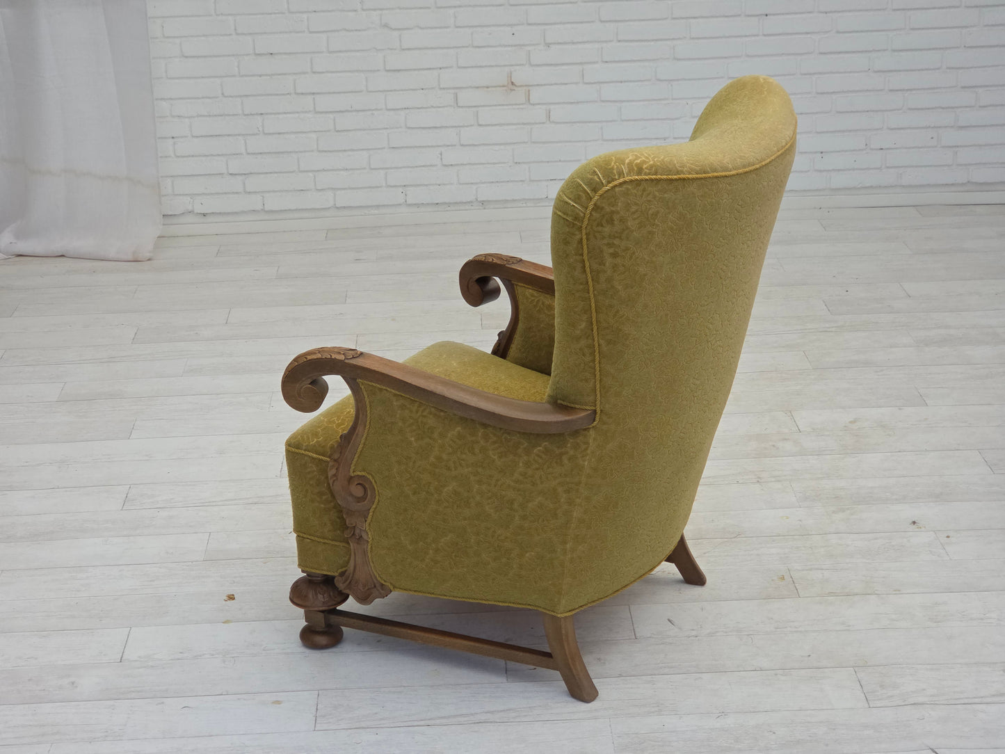 1960s, Danish highback armchair, furniture cotton/wool fabric, solid oak wood.