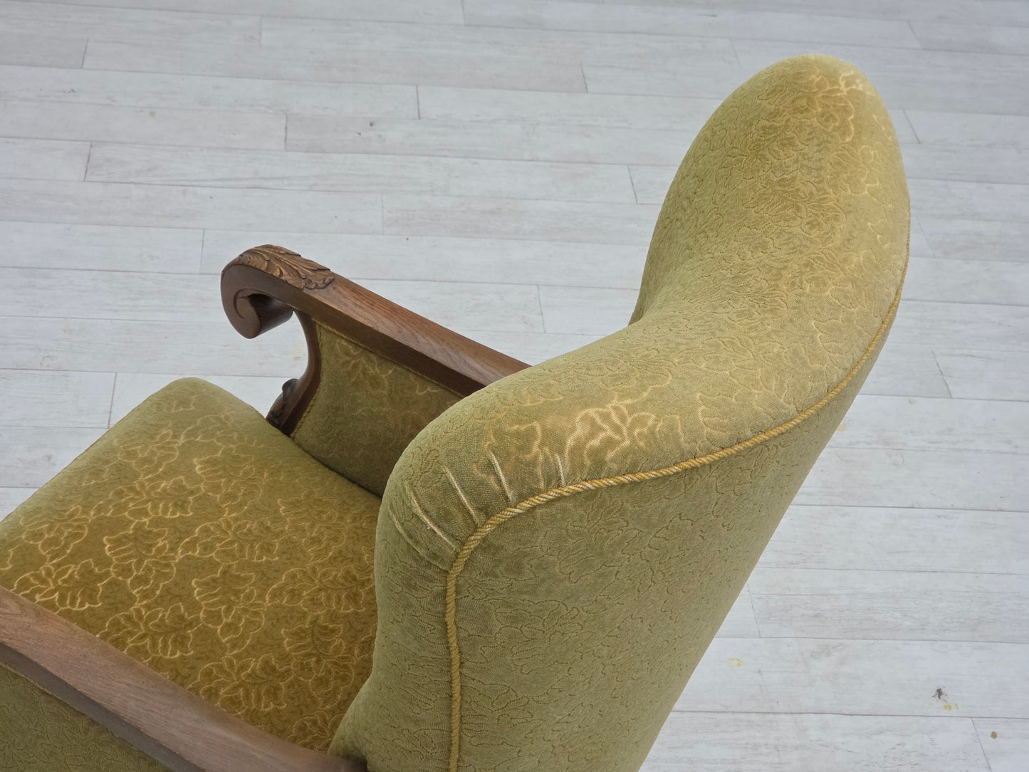 1960s, Danish highback armchair, furniture cotton/wool fabric, solid oak wood.