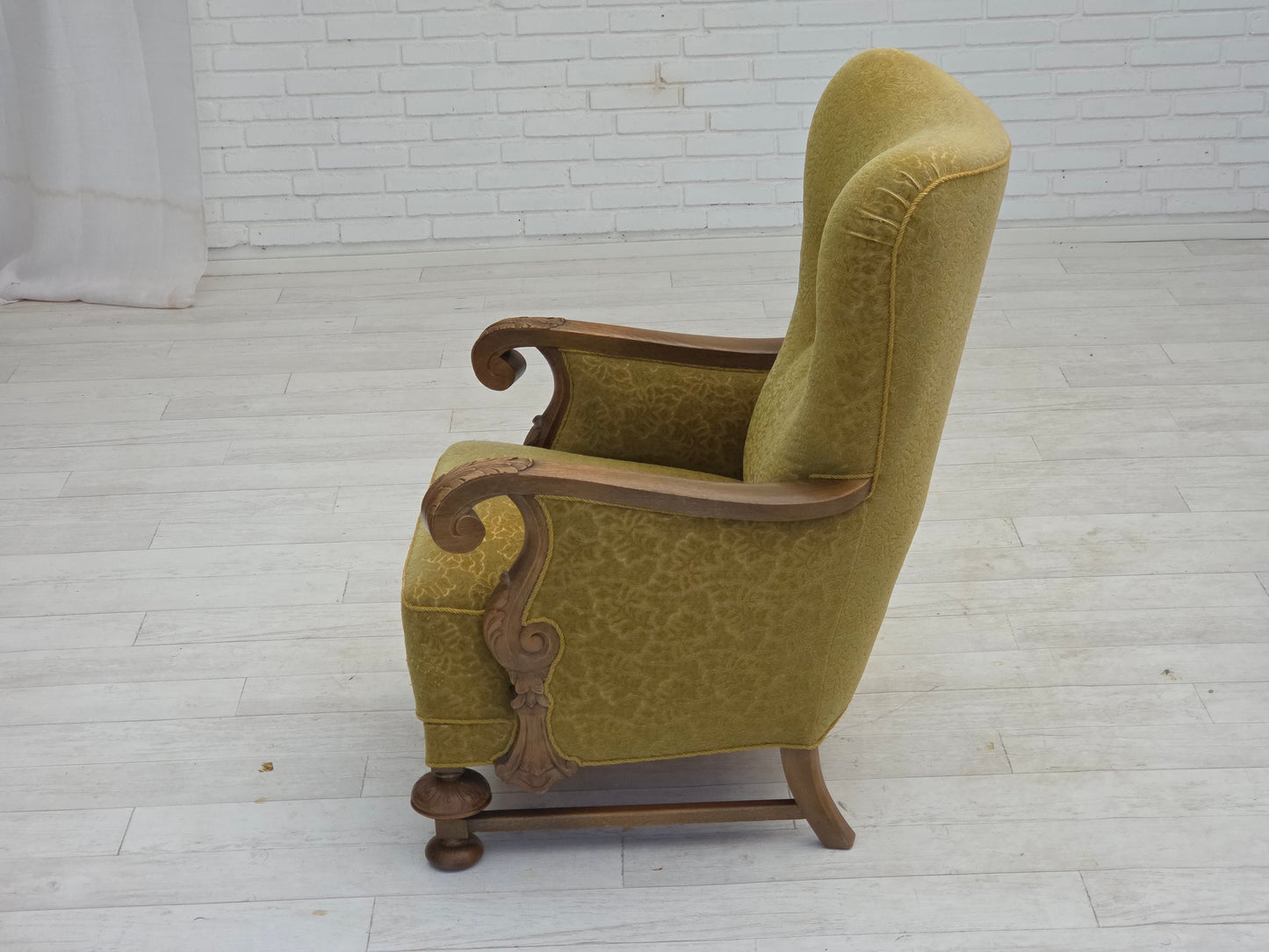 1960s, Danish highback armchair, furniture cotton/wool fabric, solid oak wood.