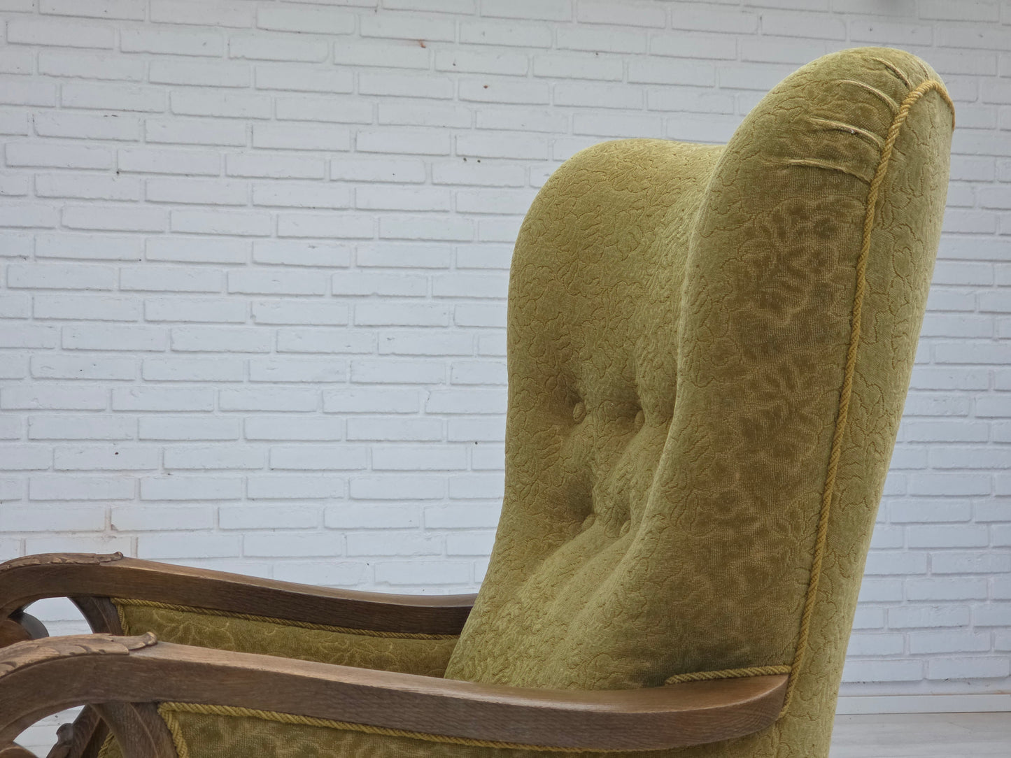 1960s, Danish highback armchair, furniture cotton/wool fabric, solid oak wood.