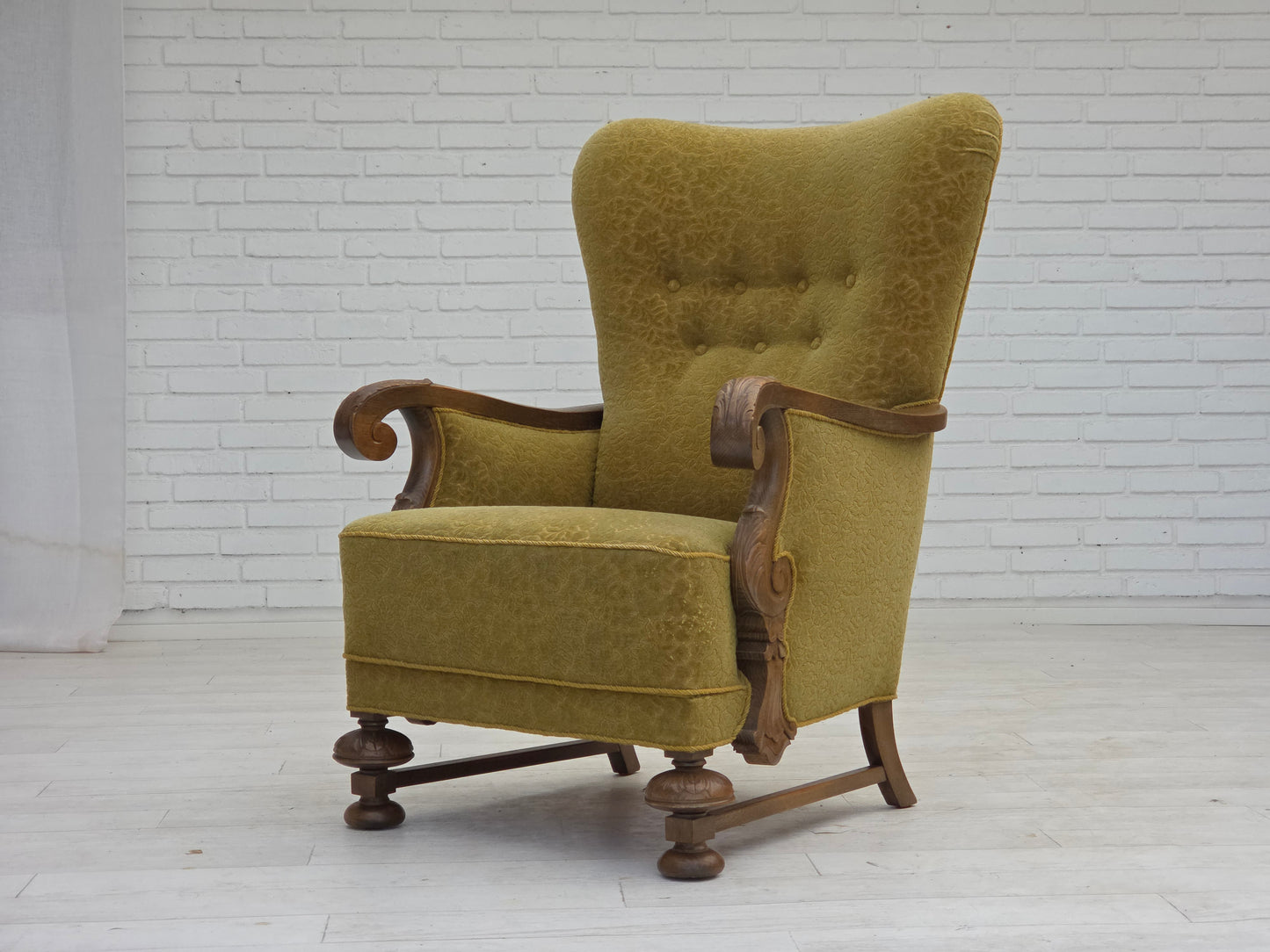 1960s, Danish highback armchair, furniture cotton/wool fabric, solid oak wood.