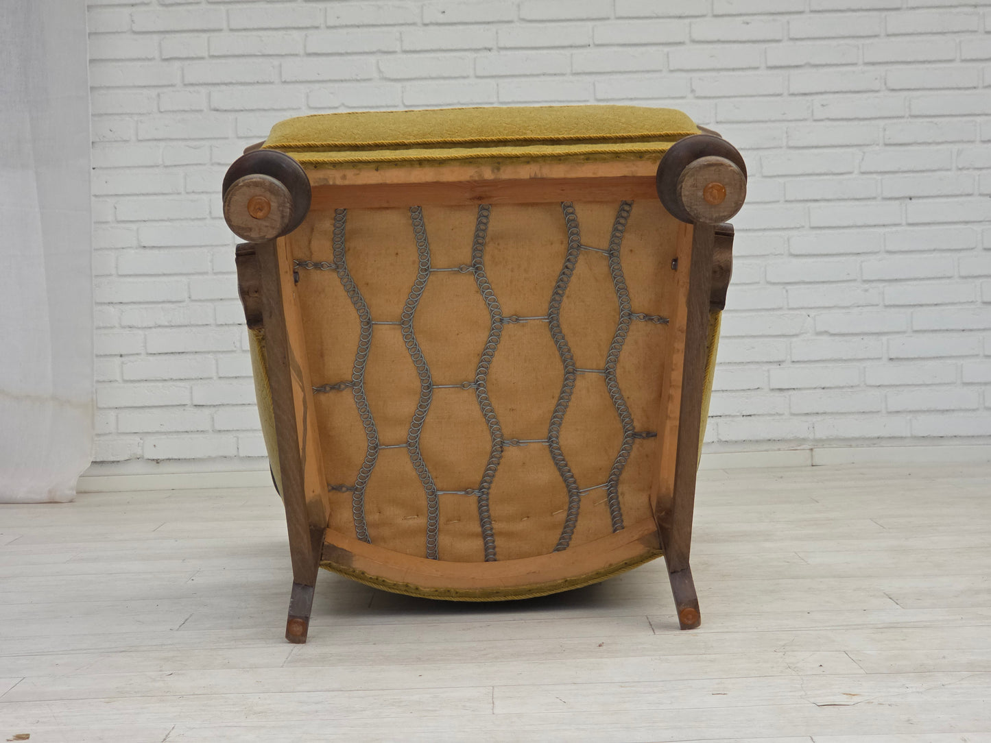 1960s, Danish highback armchair, furniture cotton/wool fabric, solid oak wood.
