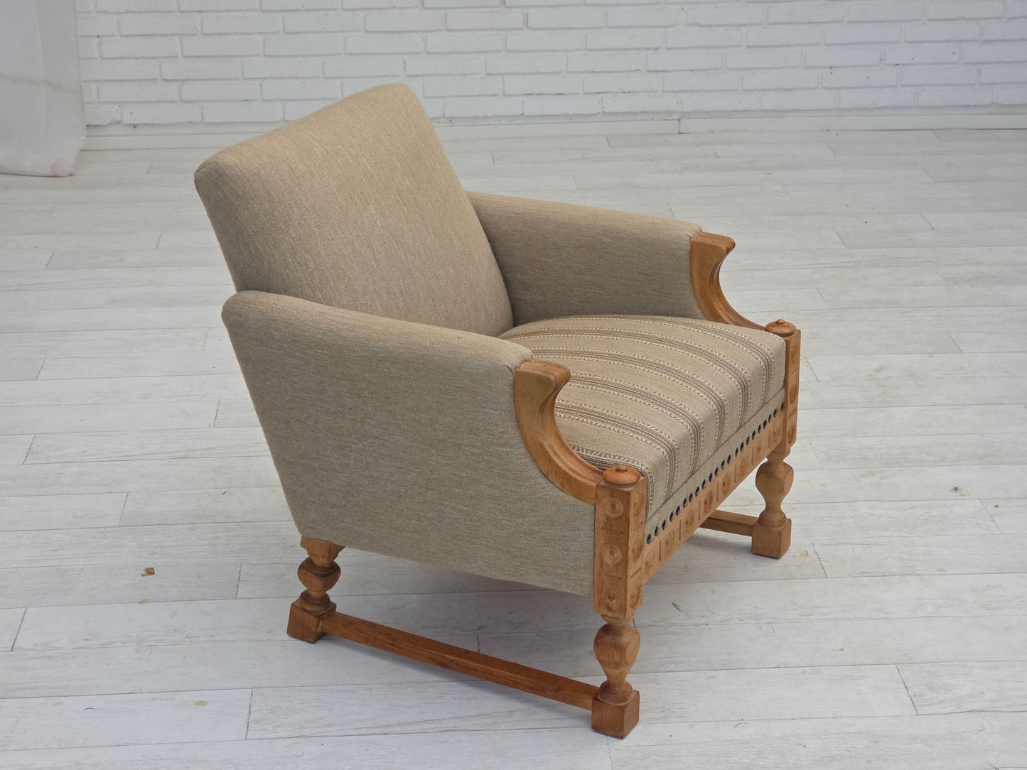 1970s, Danish armchair, original beige furniture wool, solid oak wood.
