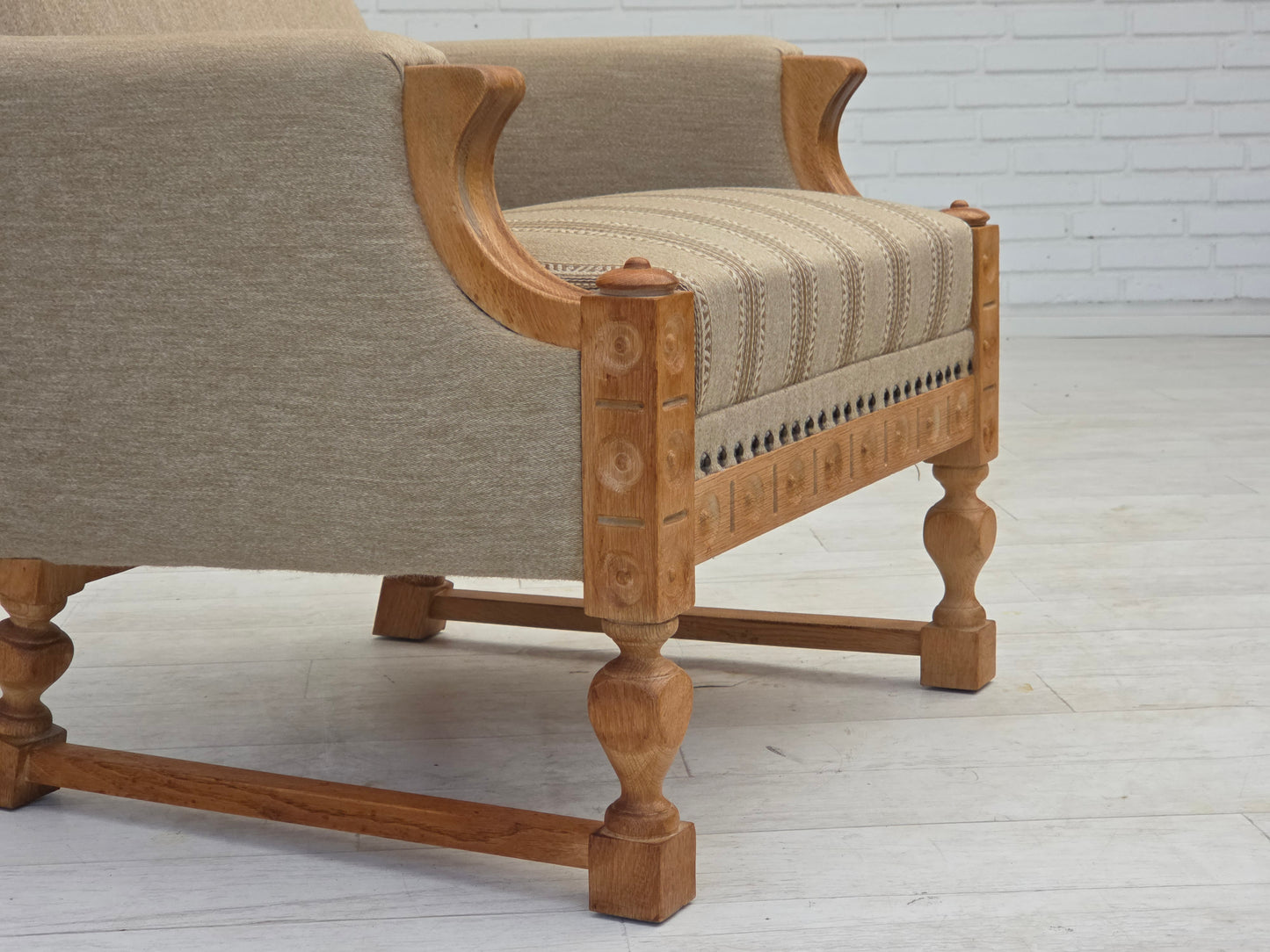 1970s, Danish armchair, original beige furniture wool, solid oak wood.