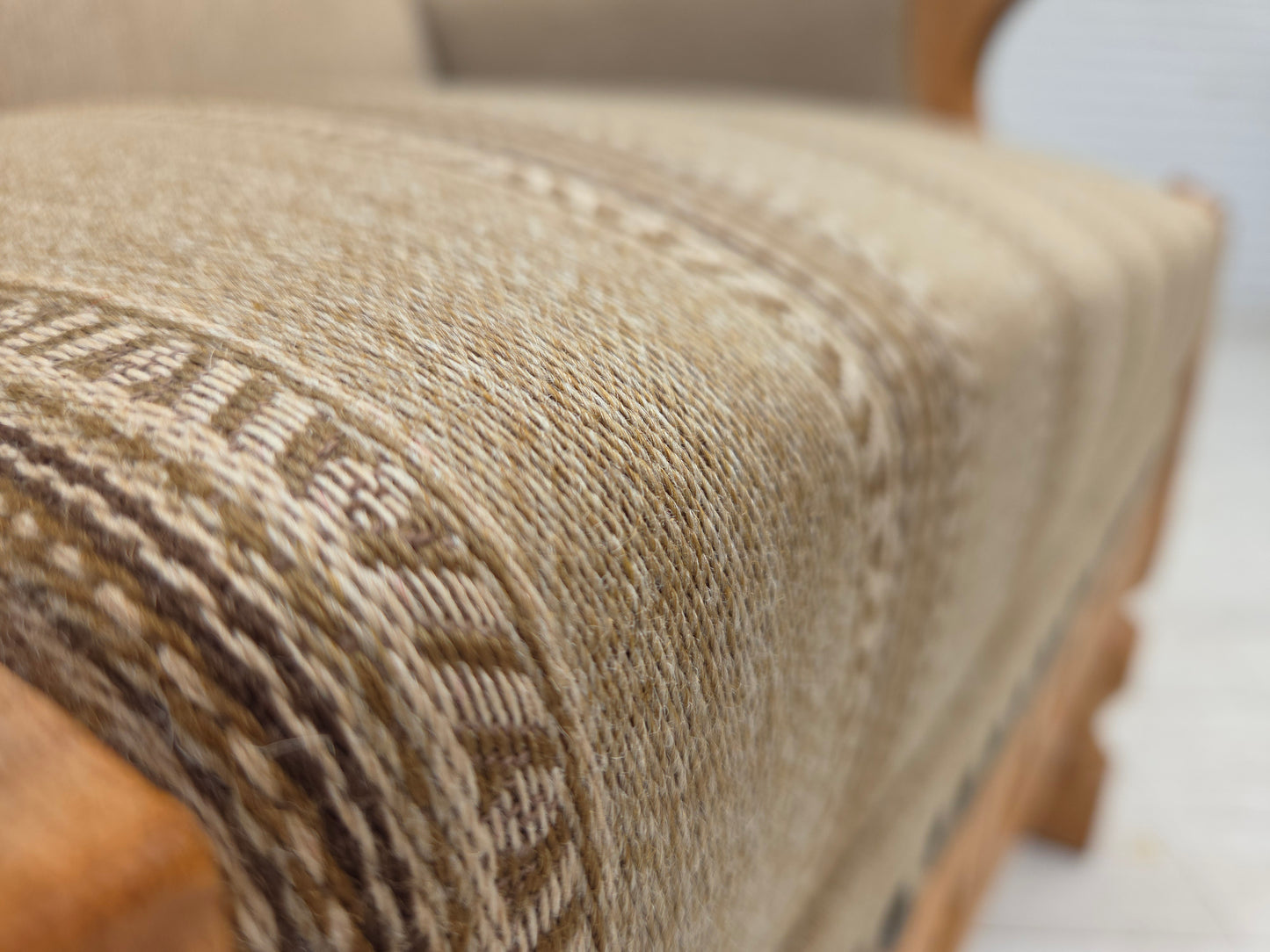 1970s, Danish armchair, original beige furniture wool, solid oak wood.