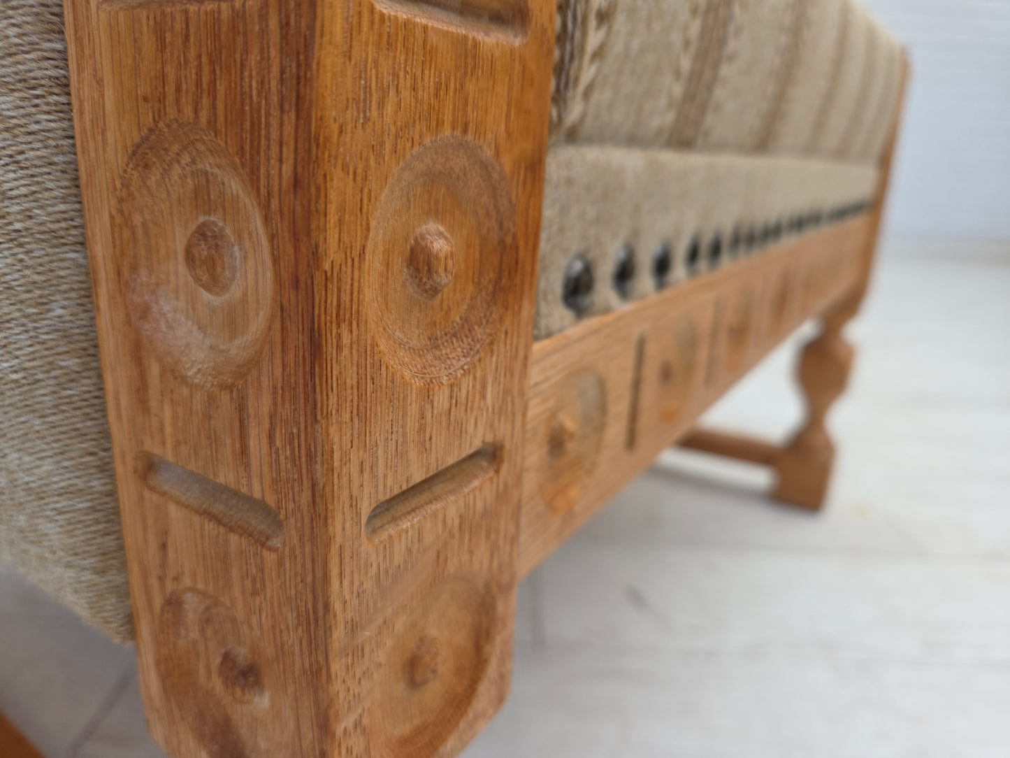1970s, Danish armchair, original beige furniture wool, solid oak wood.