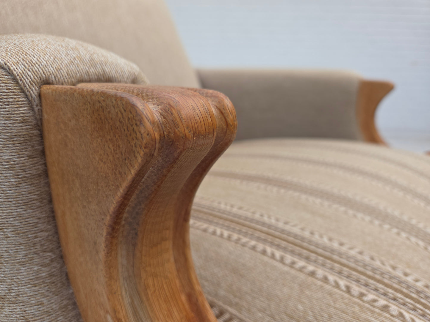 1970s, Danish armchair, original beige furniture wool, solid oak wood.
