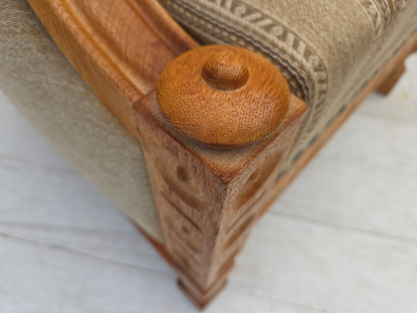 1970s, Danish armchair, original beige furniture wool, solid oak wood.