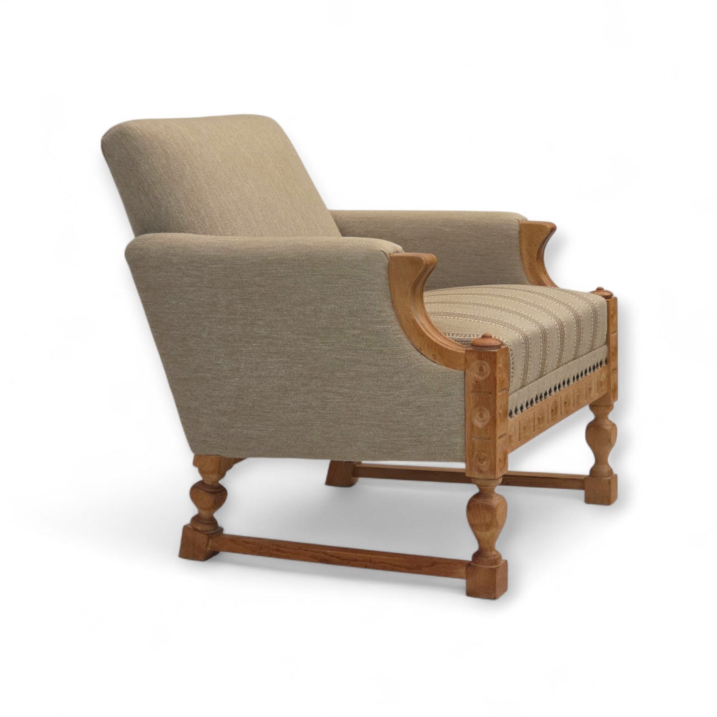 1970s, Danish armchair, original beige furniture wool, solid oak wood.