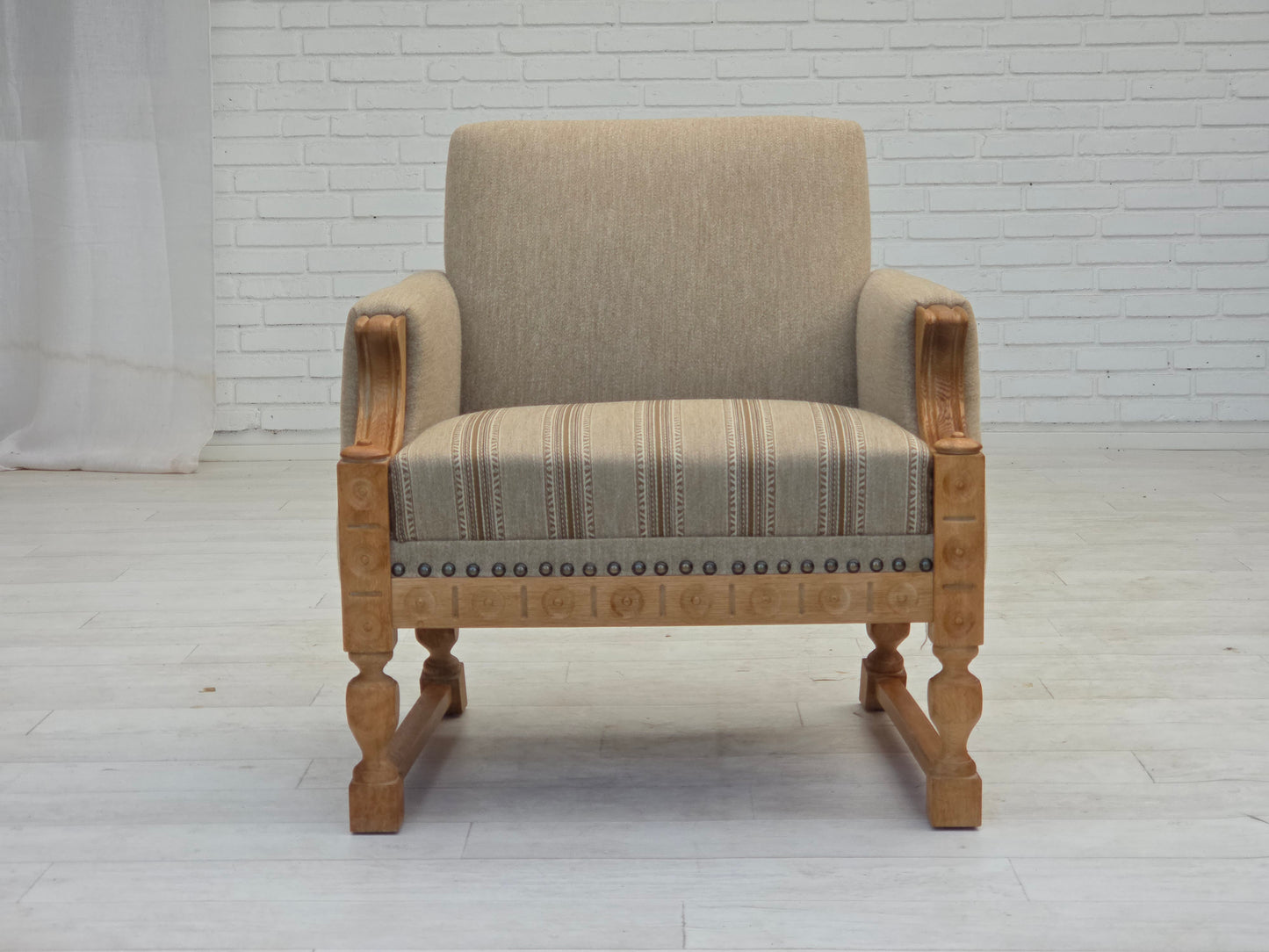 1970s, Danish armchair, original beige furniture wool, solid oak wood.