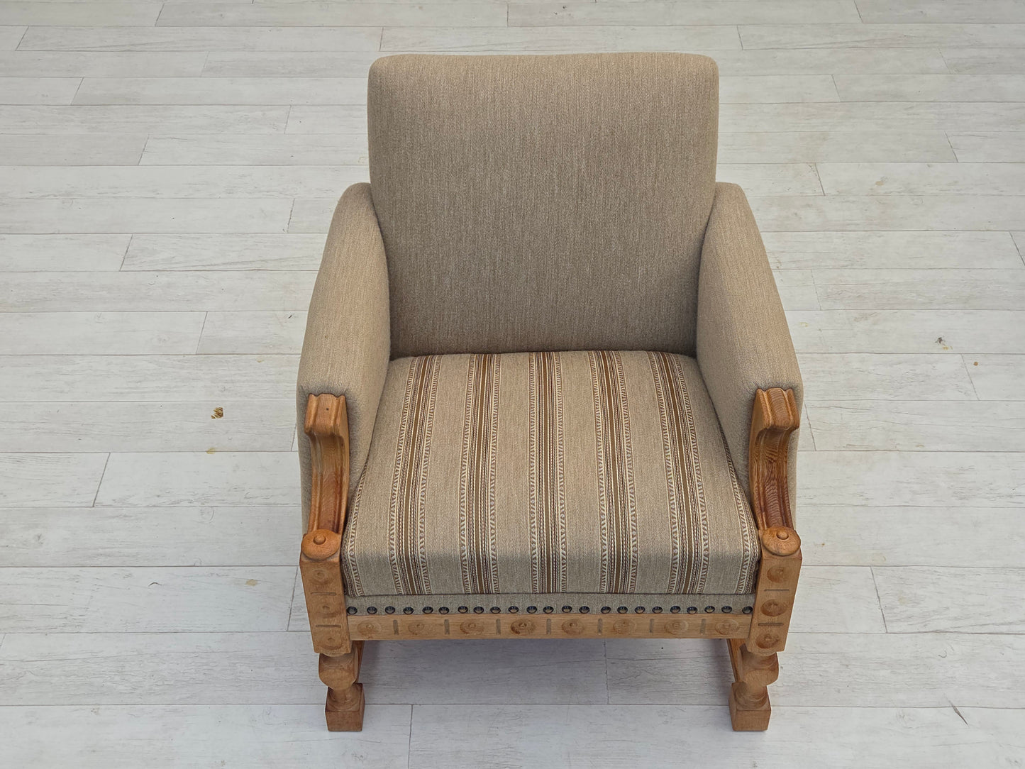 1970s, Danish armchair, original beige furniture wool, solid oak wood.