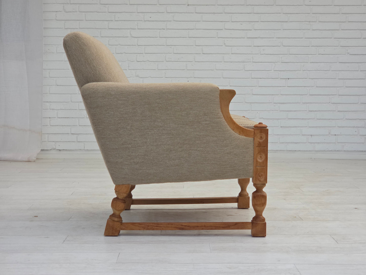 1970s, Danish armchair, original beige furniture wool, solid oak wood.