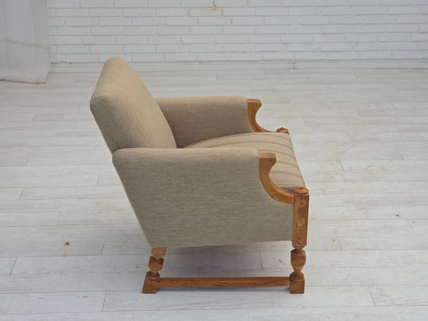 1970s, Danish armchair, original beige furniture wool, solid oak wood.
