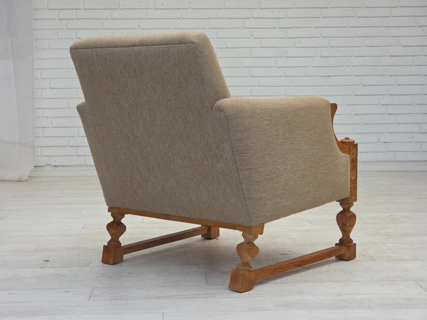 1970s, Danish armchair, original beige furniture wool, solid oak wood.