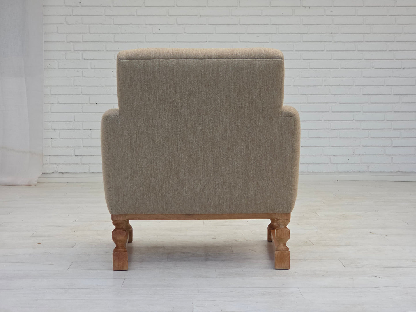 1970s, Danish armchair, original beige furniture wool, solid oak wood.