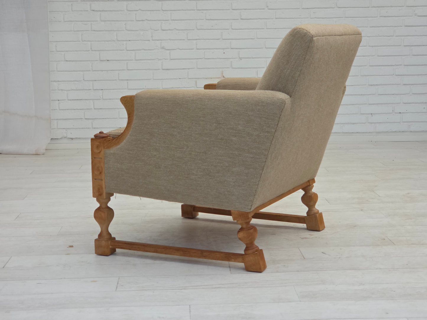 1970s, Danish armchair, original beige furniture wool, solid oak wood.