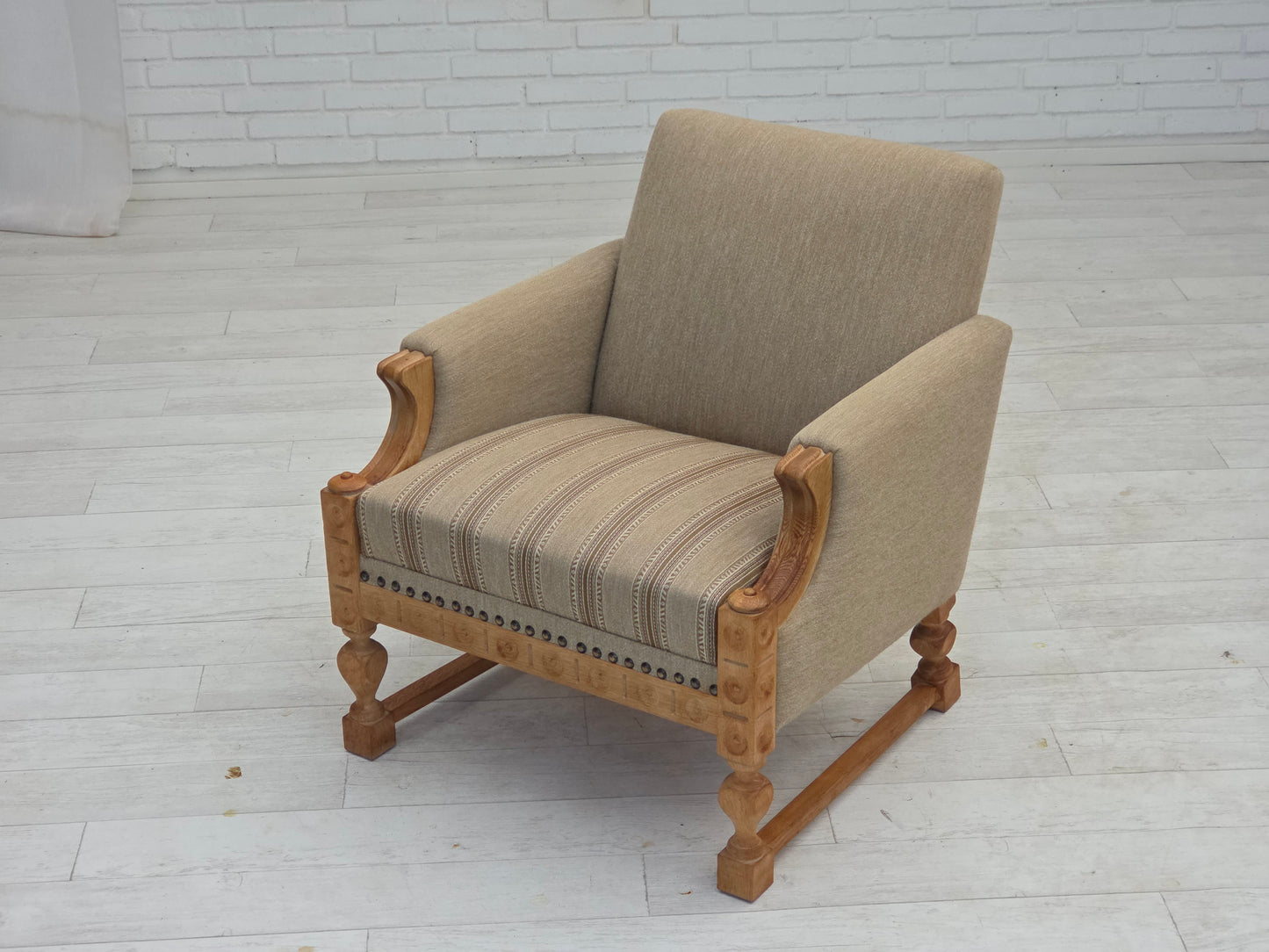 1970s, Danish armchair, original beige furniture wool, solid oak wood.