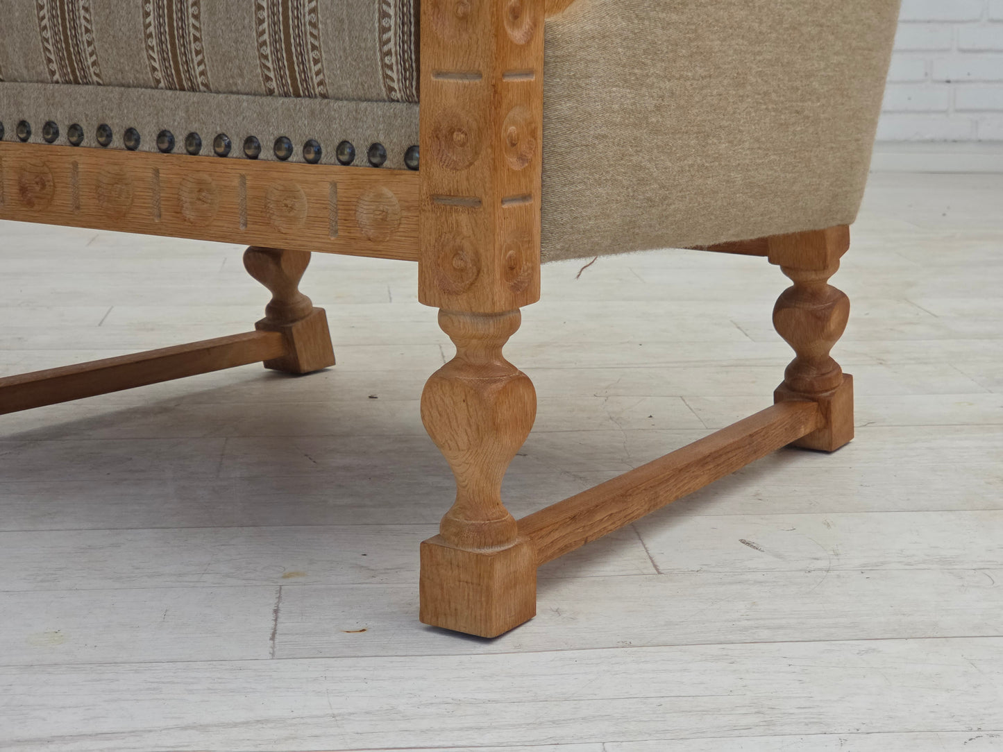 1970s, Danish armchair, original beige furniture wool, solid oak wood.