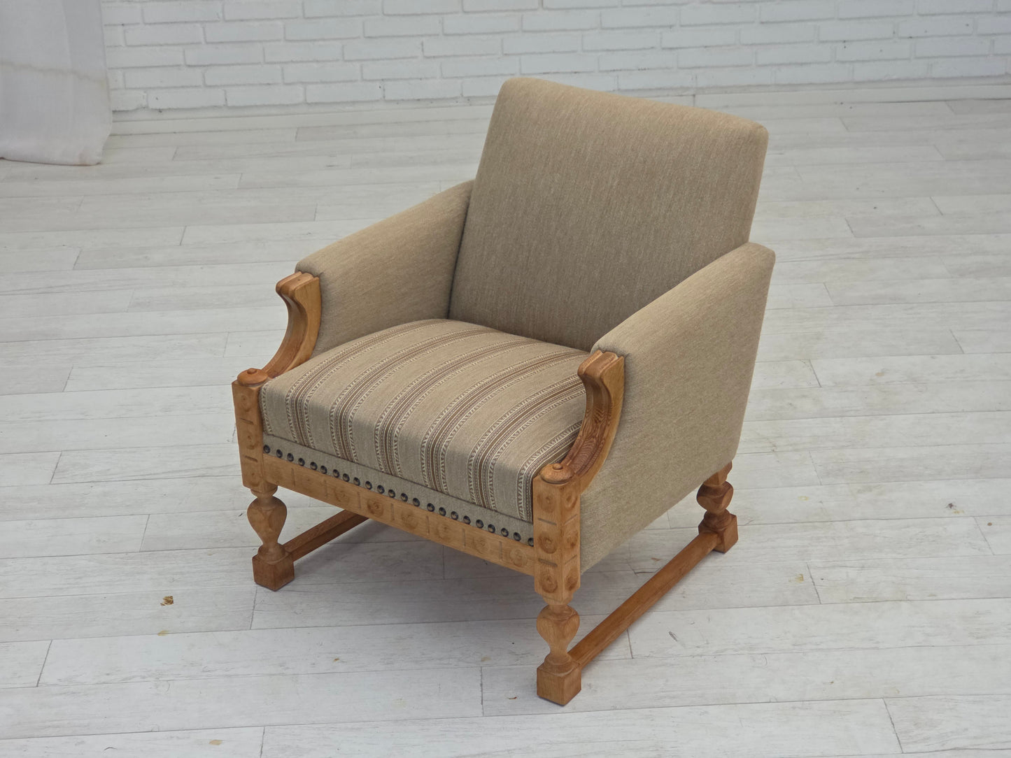 1970s, Danish armchair, original beige furniture wool, solid oak wood.