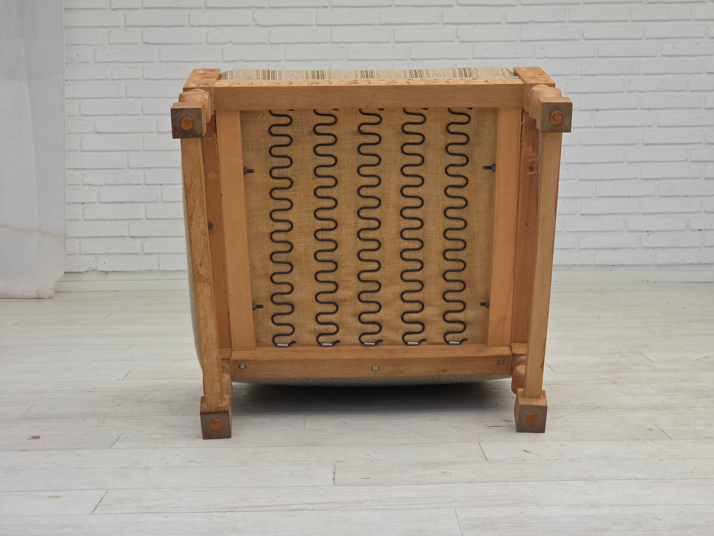 1970s, Danish armchair, original beige furniture wool, solid oak wood.