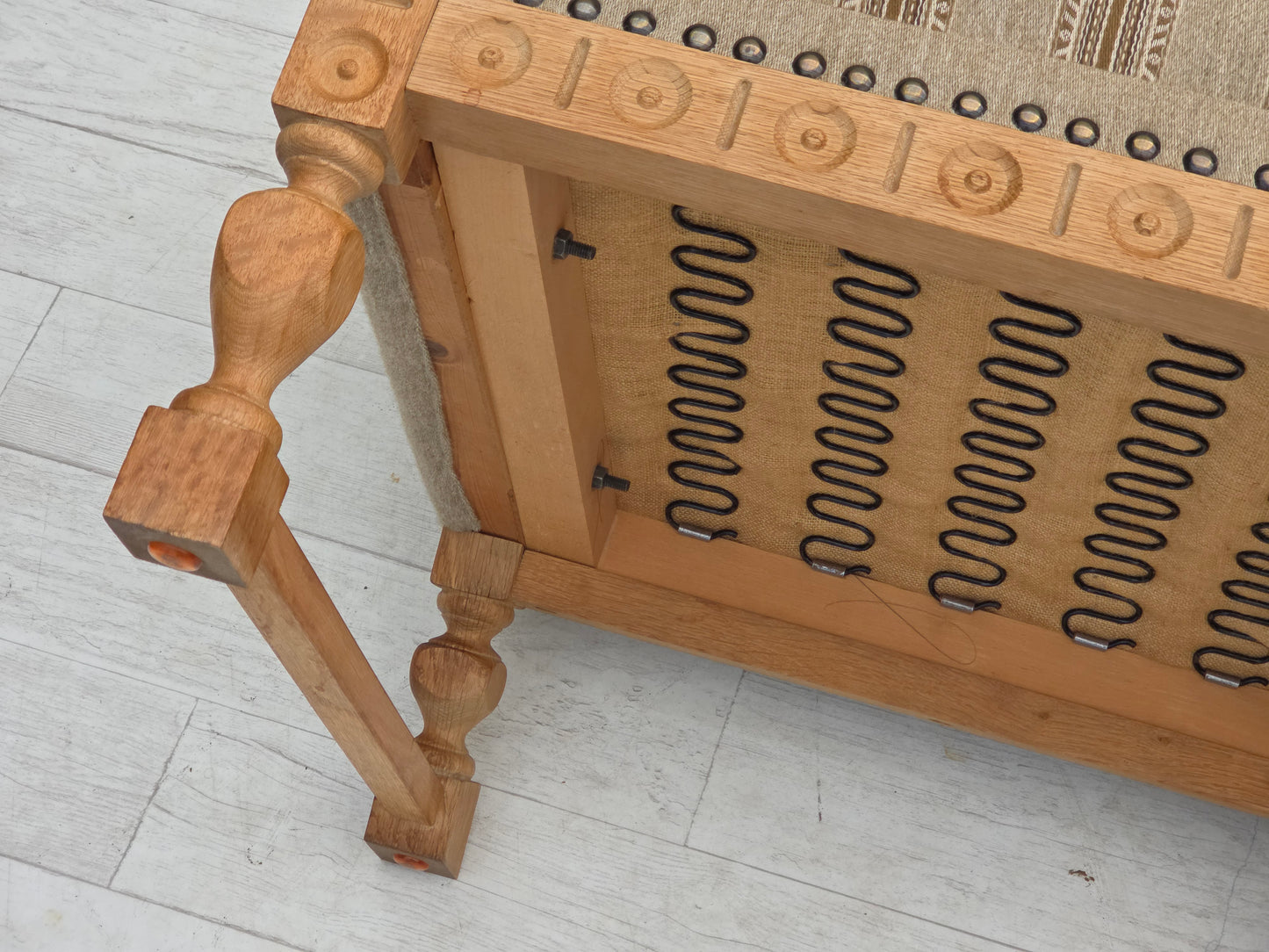 1970s, Danish armchair, original beige furniture wool, solid oak wood.