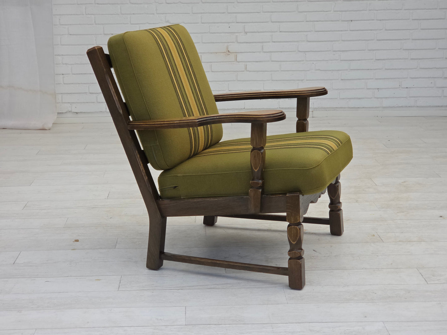 1970s, pair of Danish armchairs, original green furniture wool, solid oak wood.