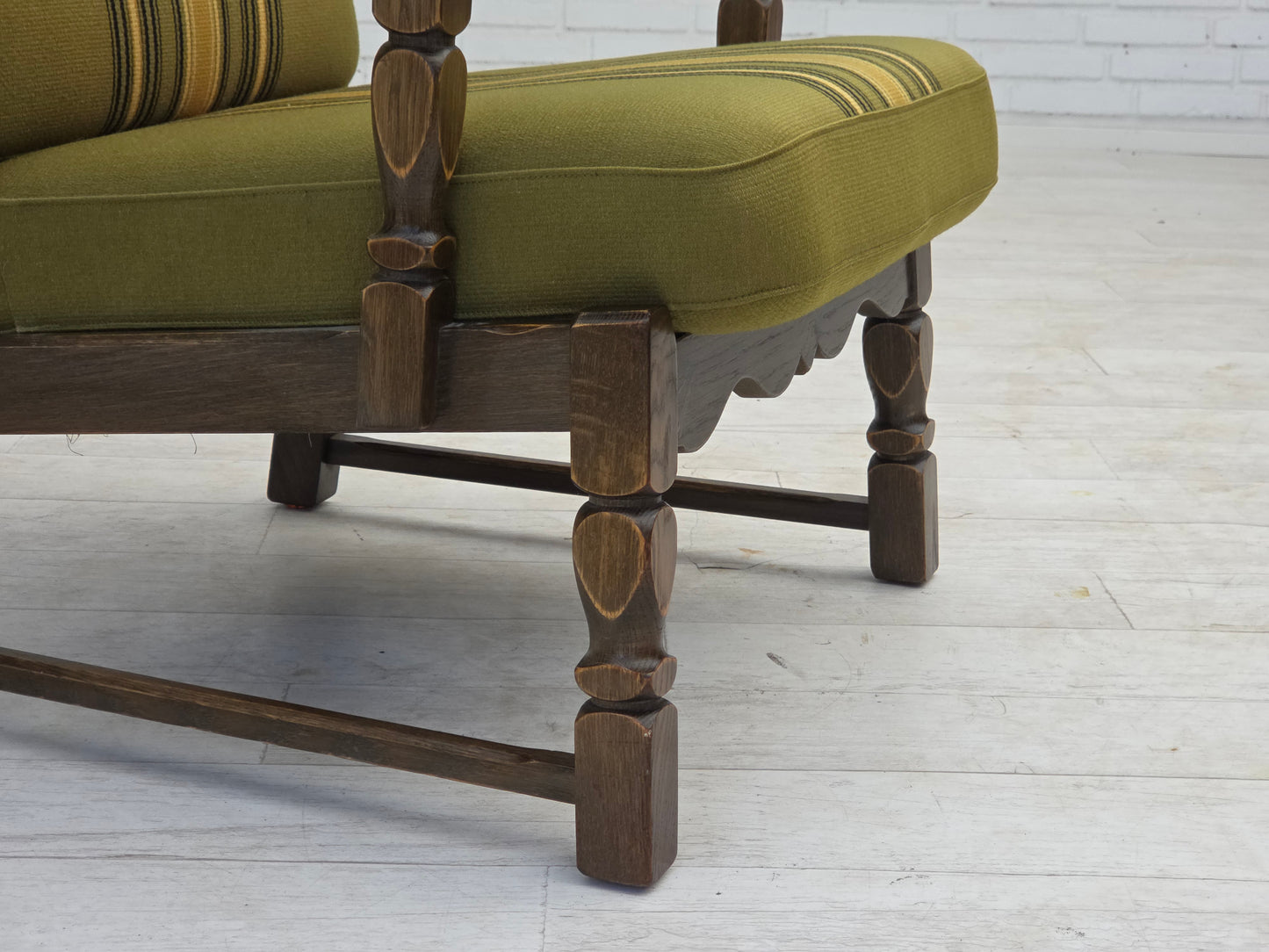 1970s, pair of Danish armchairs, original green furniture wool, solid oak wood.