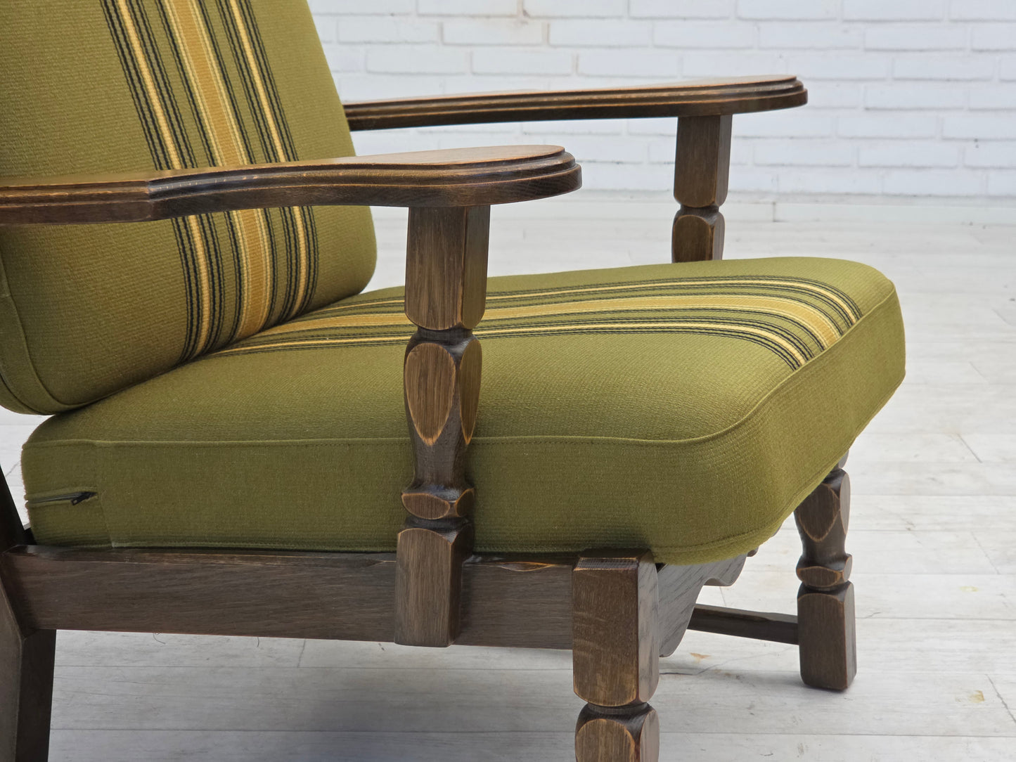 1970s, pair of Danish armchairs, original green furniture wool, solid oak wood.