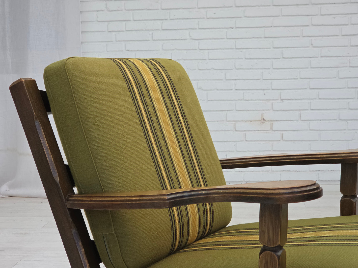 1970s, pair of Danish armchairs, original green furniture wool, solid oak wood.