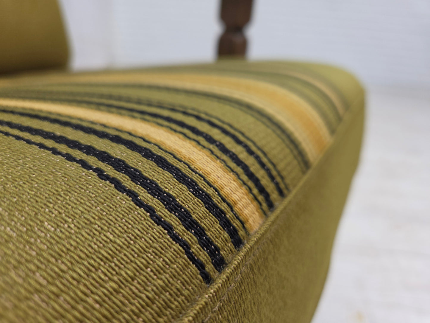 1970s, pair of Danish armchairs, original green furniture wool, solid oak wood.