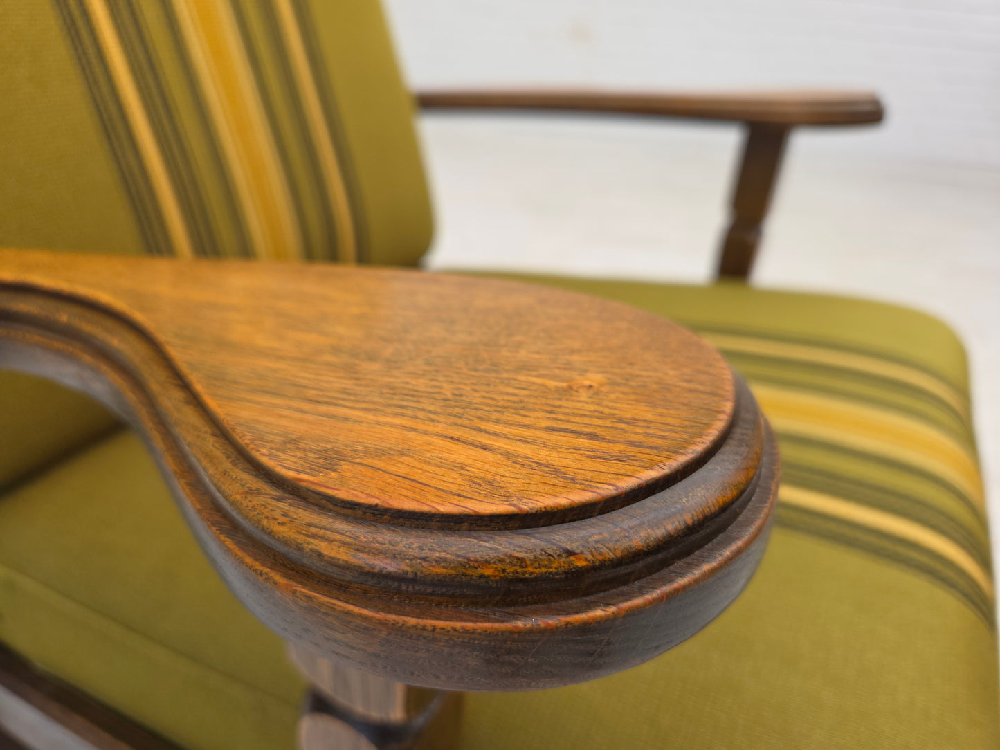 1970s, pair of Danish armchairs, original green furniture wool, solid oak wood.