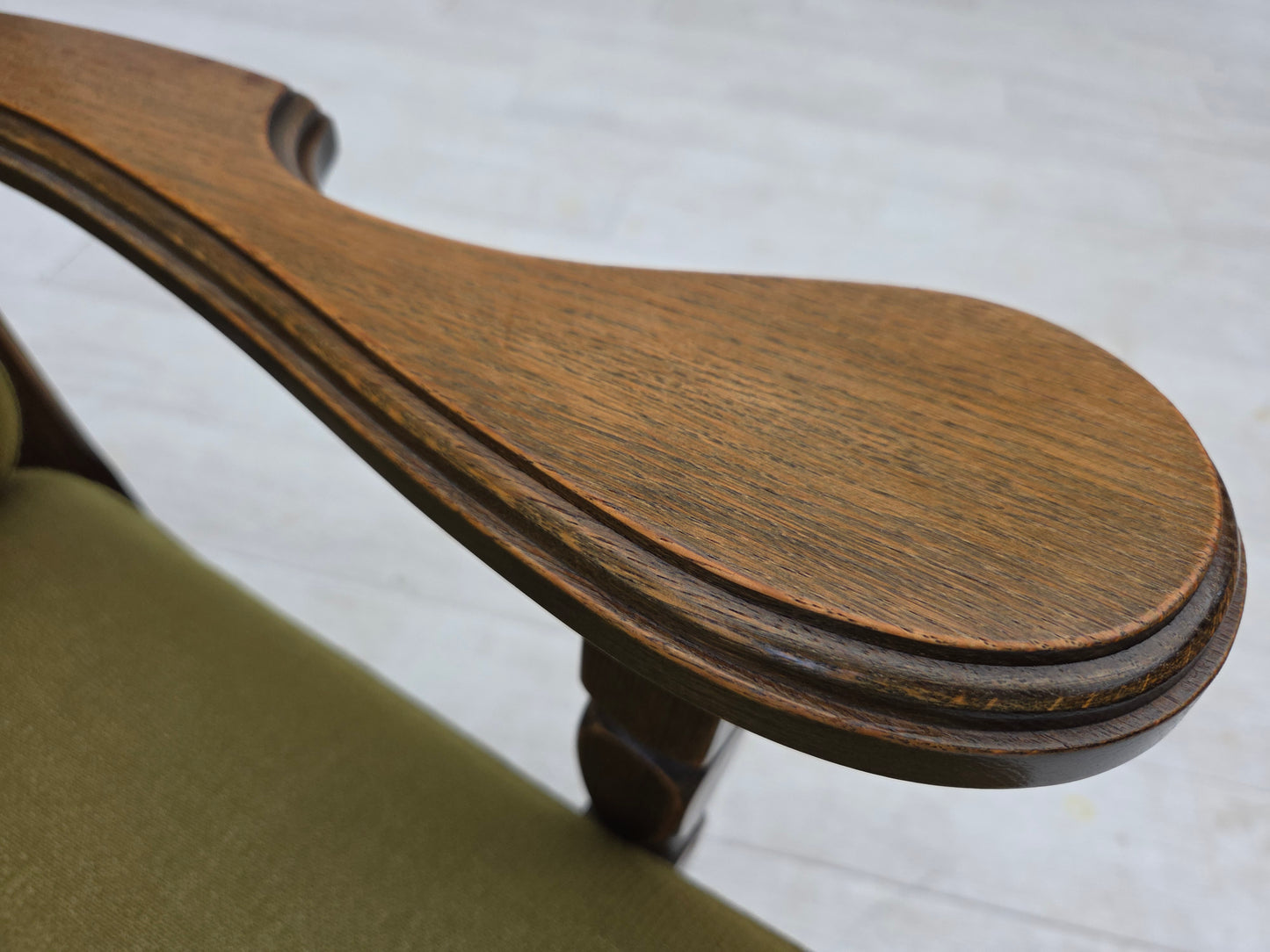 1970s, pair of Danish armchairs, original green furniture wool, solid oak wood.