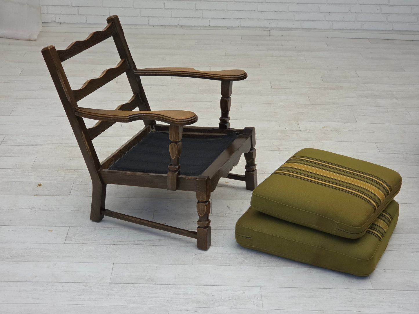 1970s, pair of Danish armchairs, original green furniture wool, solid oak wood.