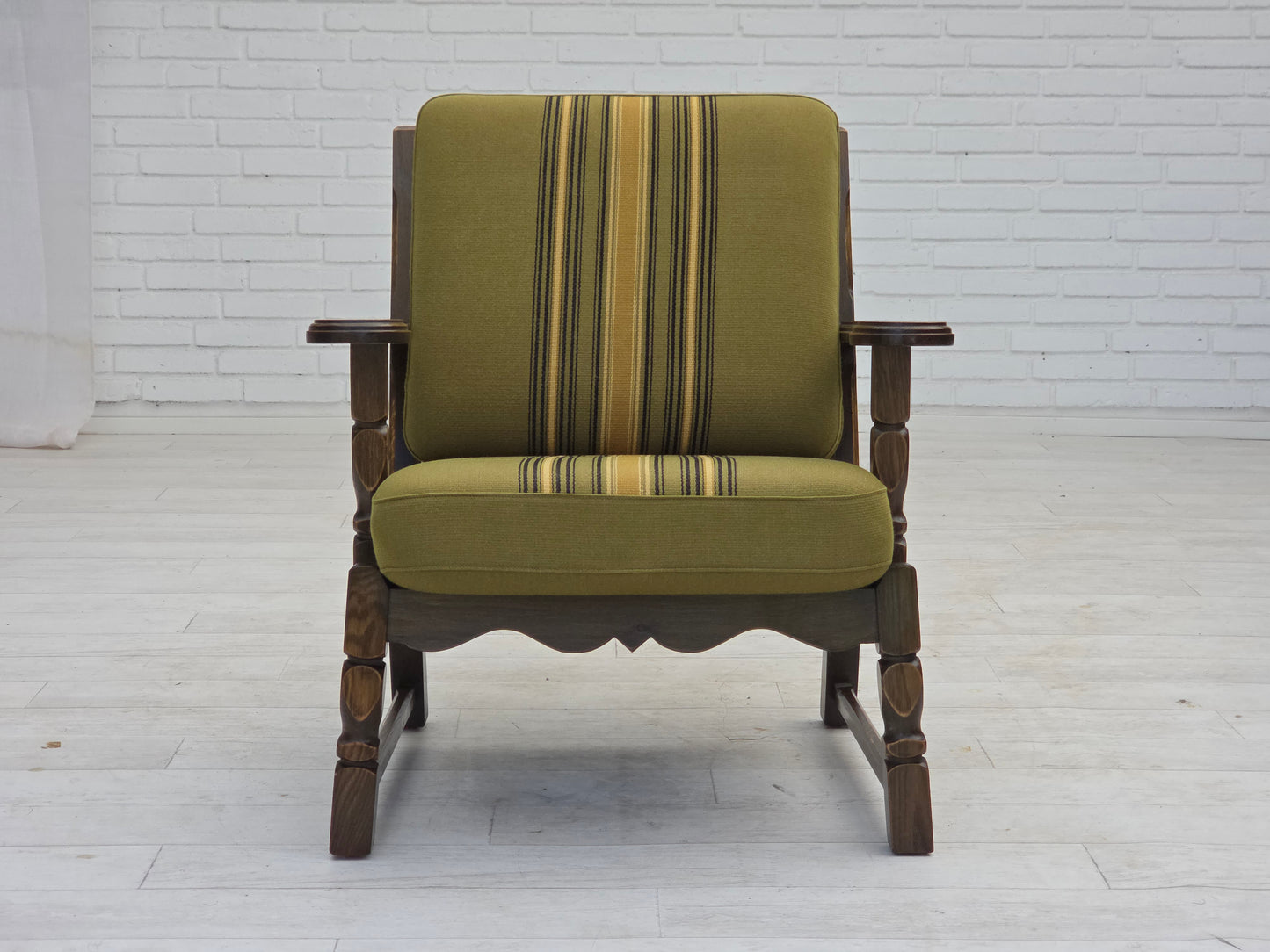1970s, pair of Danish armchairs, original green furniture wool, solid oak wood.