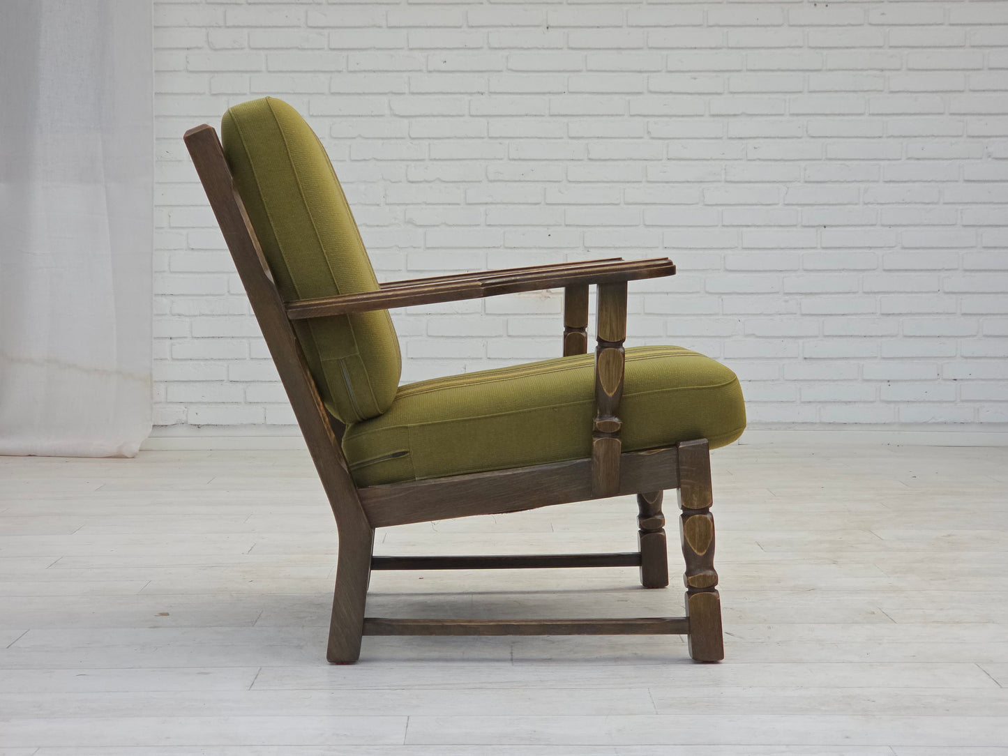 1970s, pair of Danish armchairs, original green furniture wool, solid oak wood.