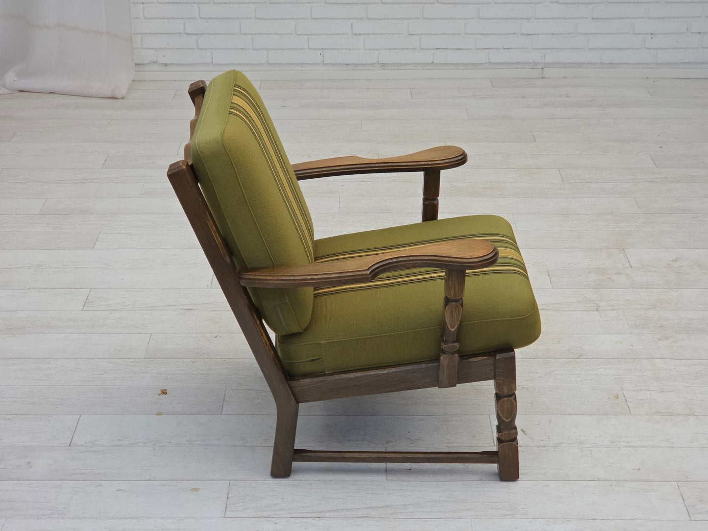 1970s, pair of Danish armchairs, original green furniture wool, solid oak wood.