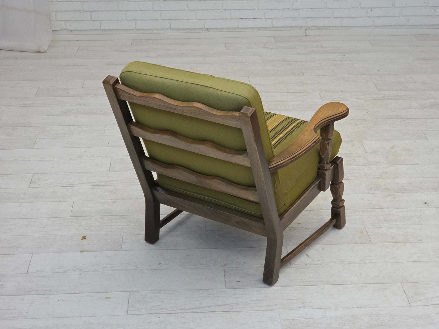 1970s, pair of Danish armchairs, original green furniture wool, solid oak wood.