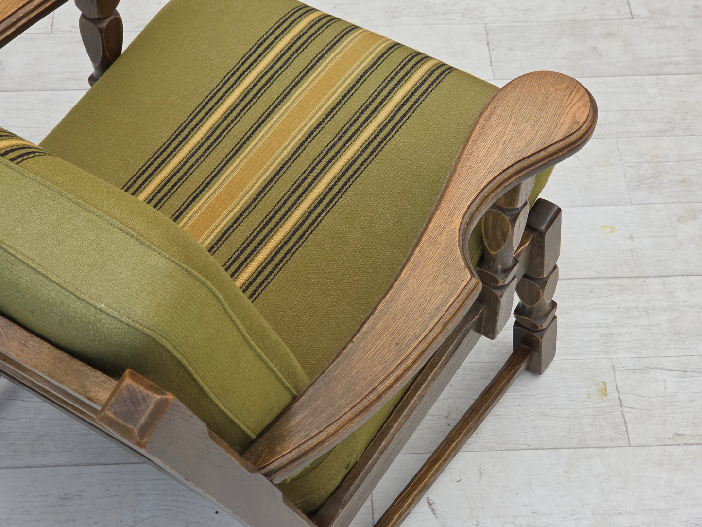 1970s, pair of Danish armchairs, original green furniture wool, solid oak wood.