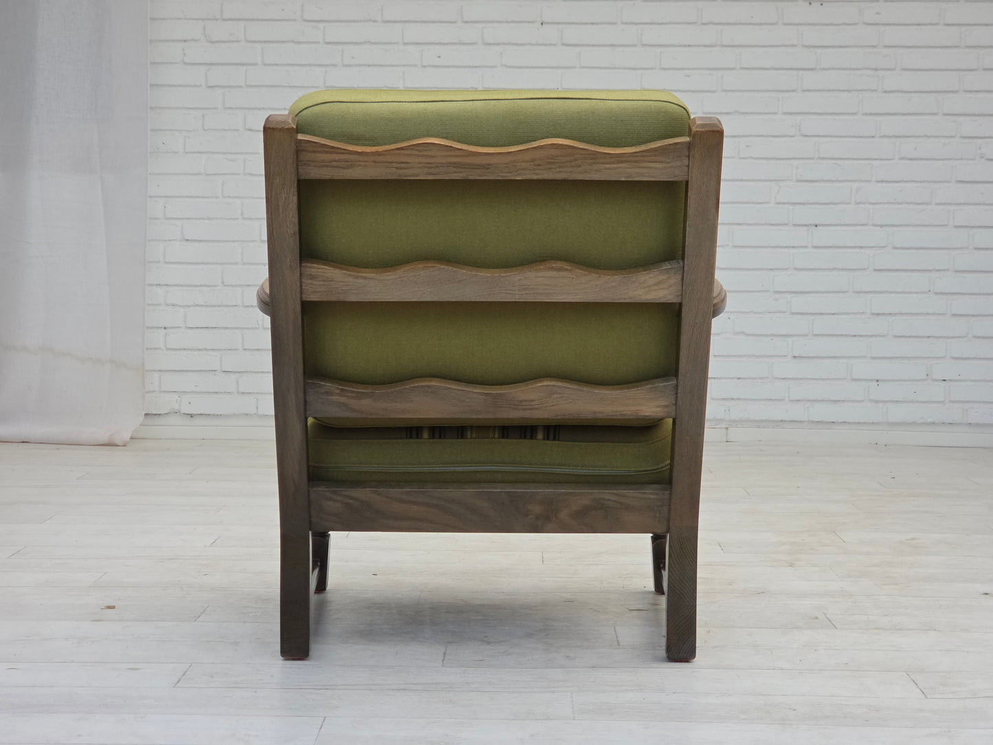 1970s, pair of Danish armchairs, original green furniture wool, solid oak wood.