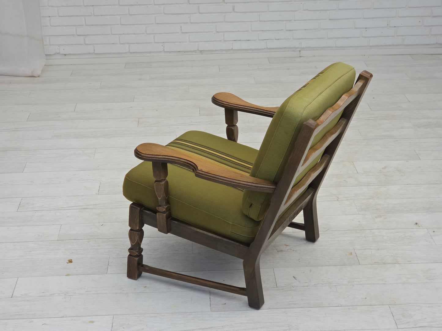 1970s, pair of Danish armchairs, original green furniture wool, solid oak wood.