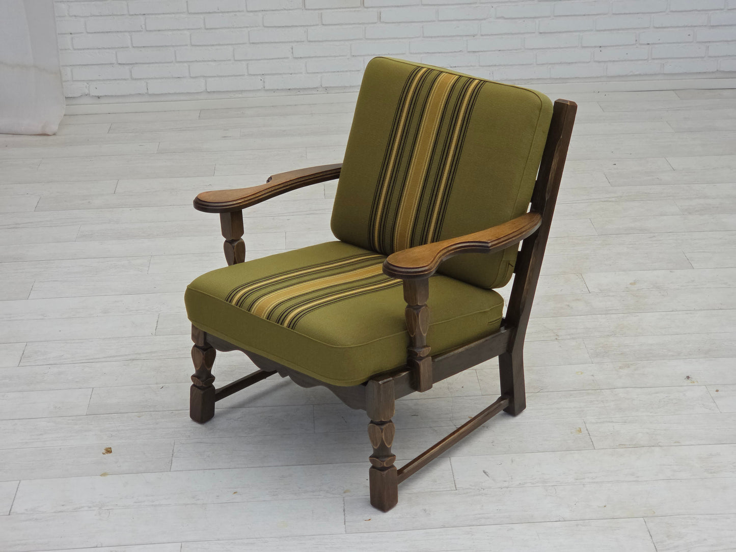 1970s, pair of Danish armchairs, original green furniture wool, solid oak wood.