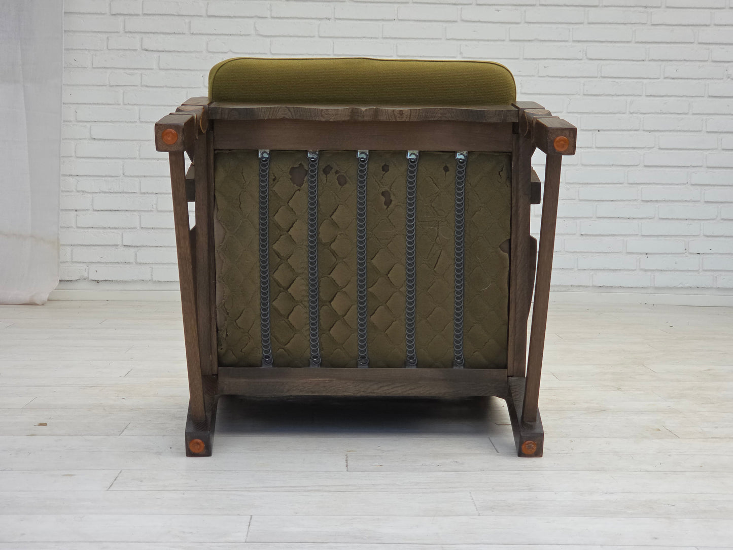 1970s, pair of Danish armchairs, original green furniture wool, solid oak wood.