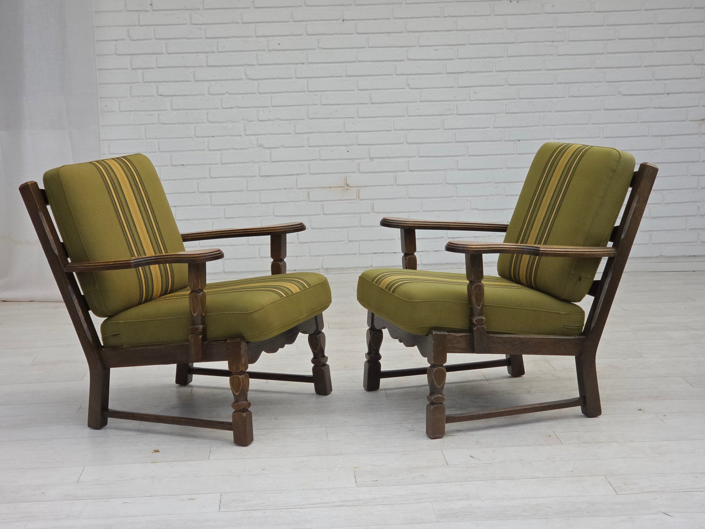 1970s, pair of Danish armchairs, original green furniture wool, solid oak wood.