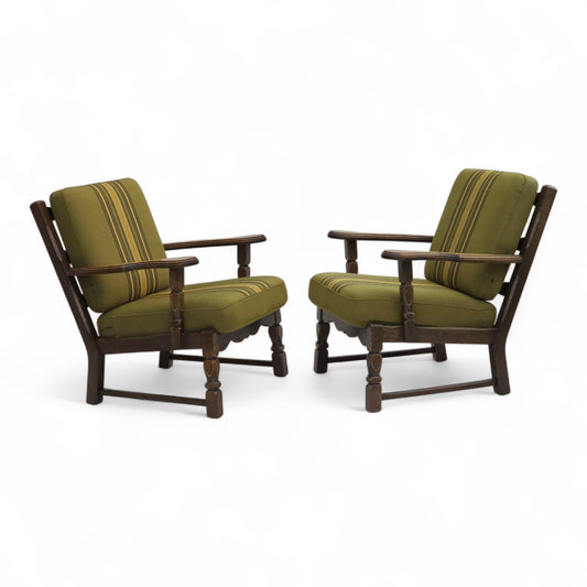 1970s, pair of Danish armchairs, original green furniture wool, solid oak wood.