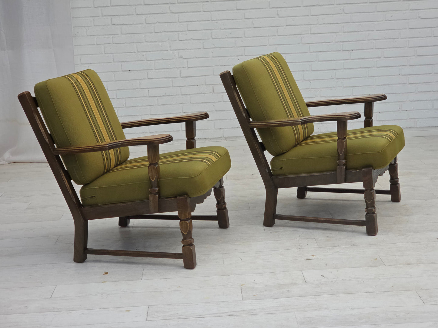 1970s, pair of Danish armchairs, original green furniture wool, solid oak wood.