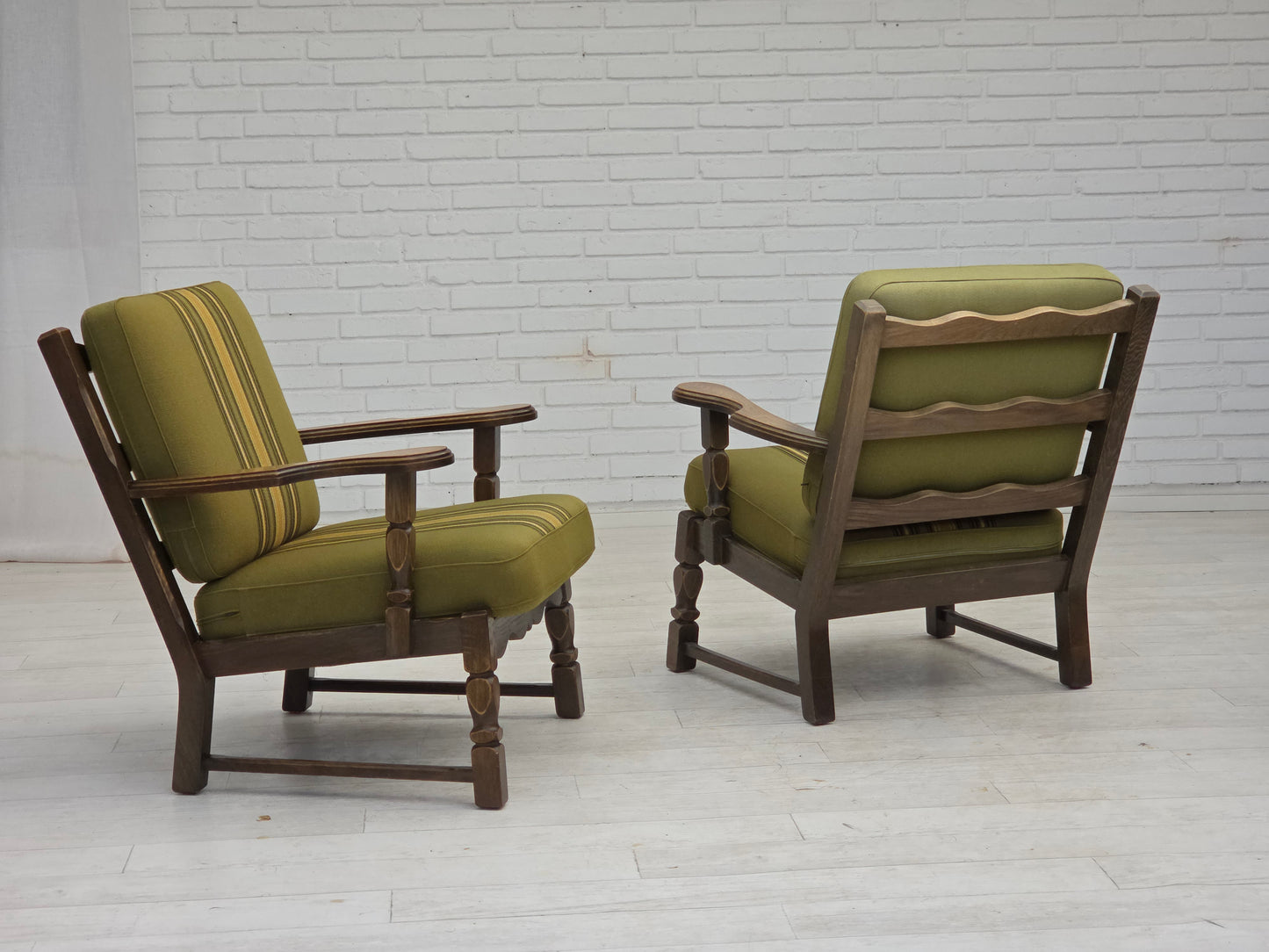 1970s, pair of Danish armchairs, original green furniture wool, solid oak wood.
